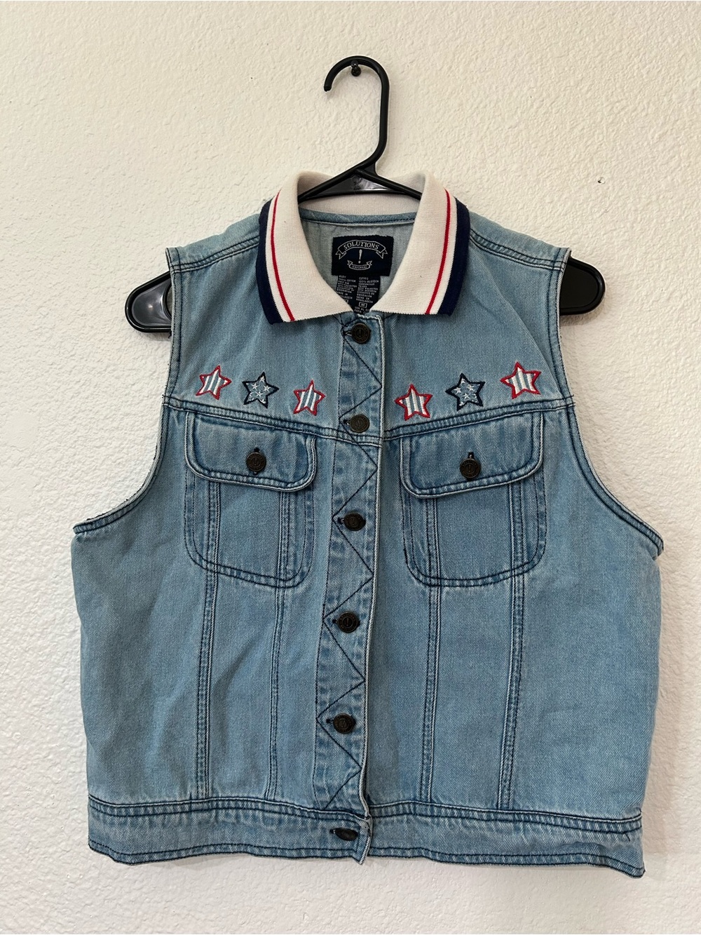 Light Wash Denim Star Embroidered Sleeveless Vest with Stripe Collar